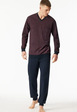 Schlafanzug lang Bündchen rotbraun gemustert - Comfort Nightwear