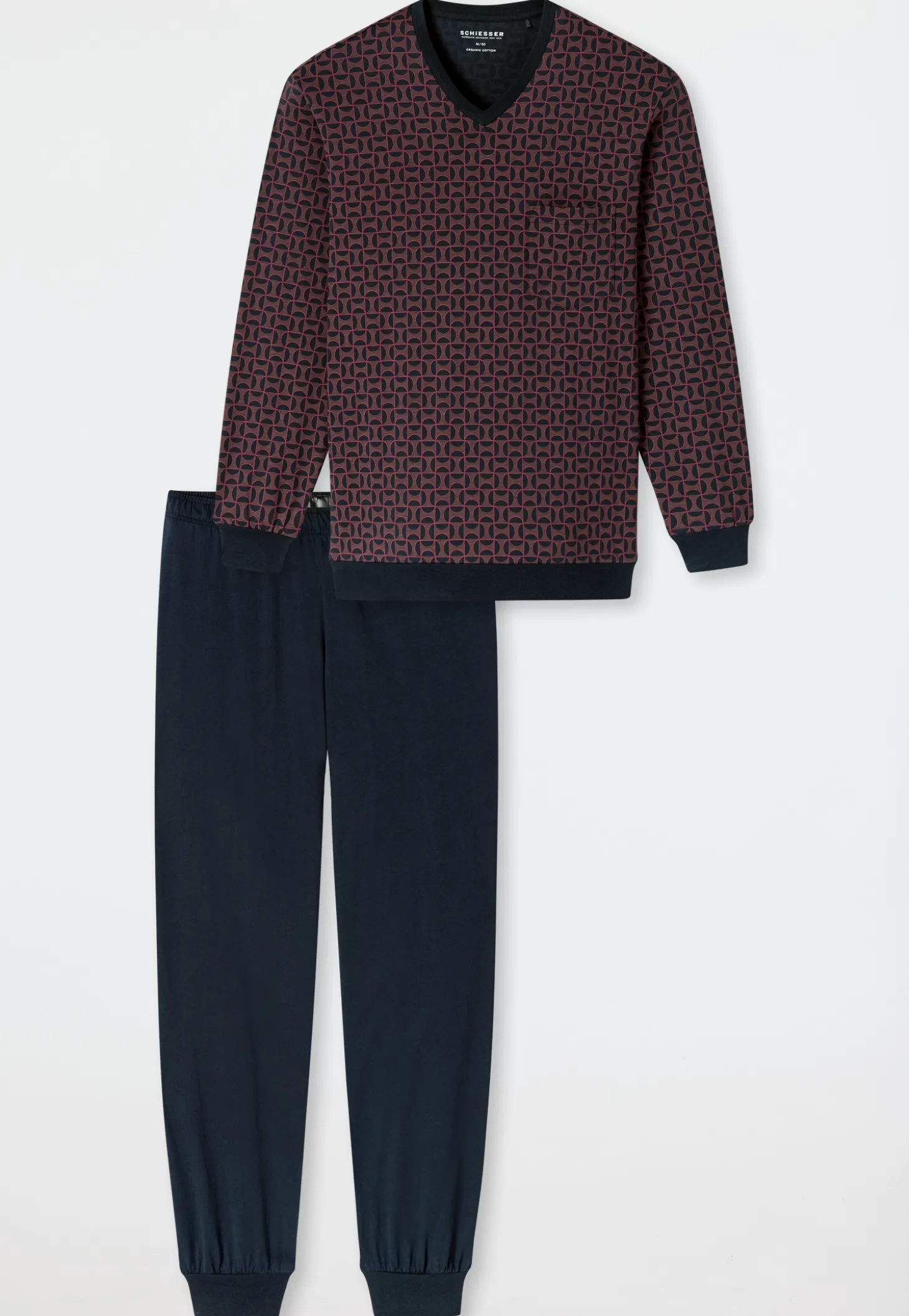 Schlafanzug lang Bündchen rotbraun gemustert - Comfort Nightwear