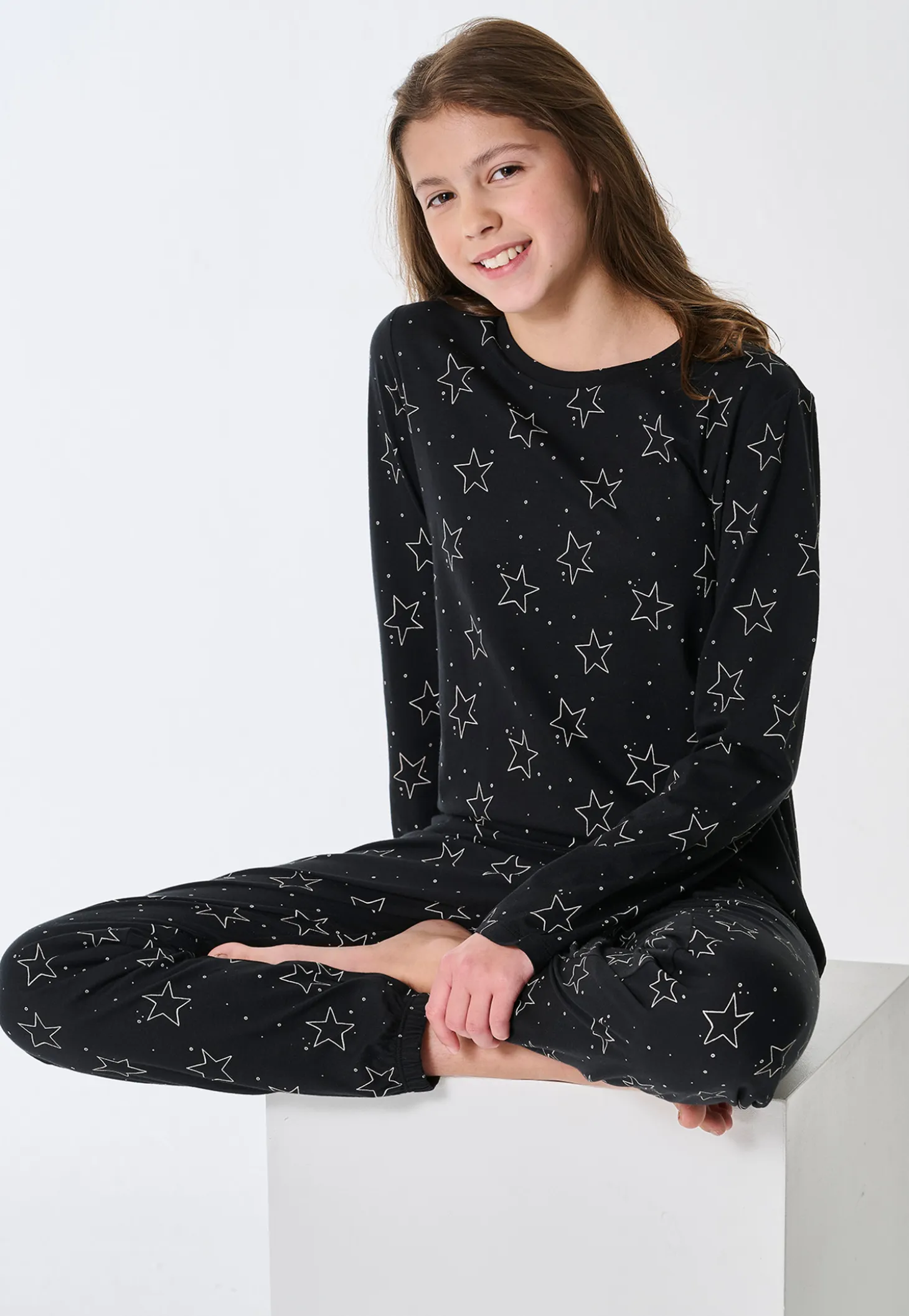 Schlafanzug lang Bündchen Sterne schwarz - Teens Nightwear