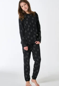 Schlafanzug lang Bündchen Sterne schwarz - Teens Nightwear