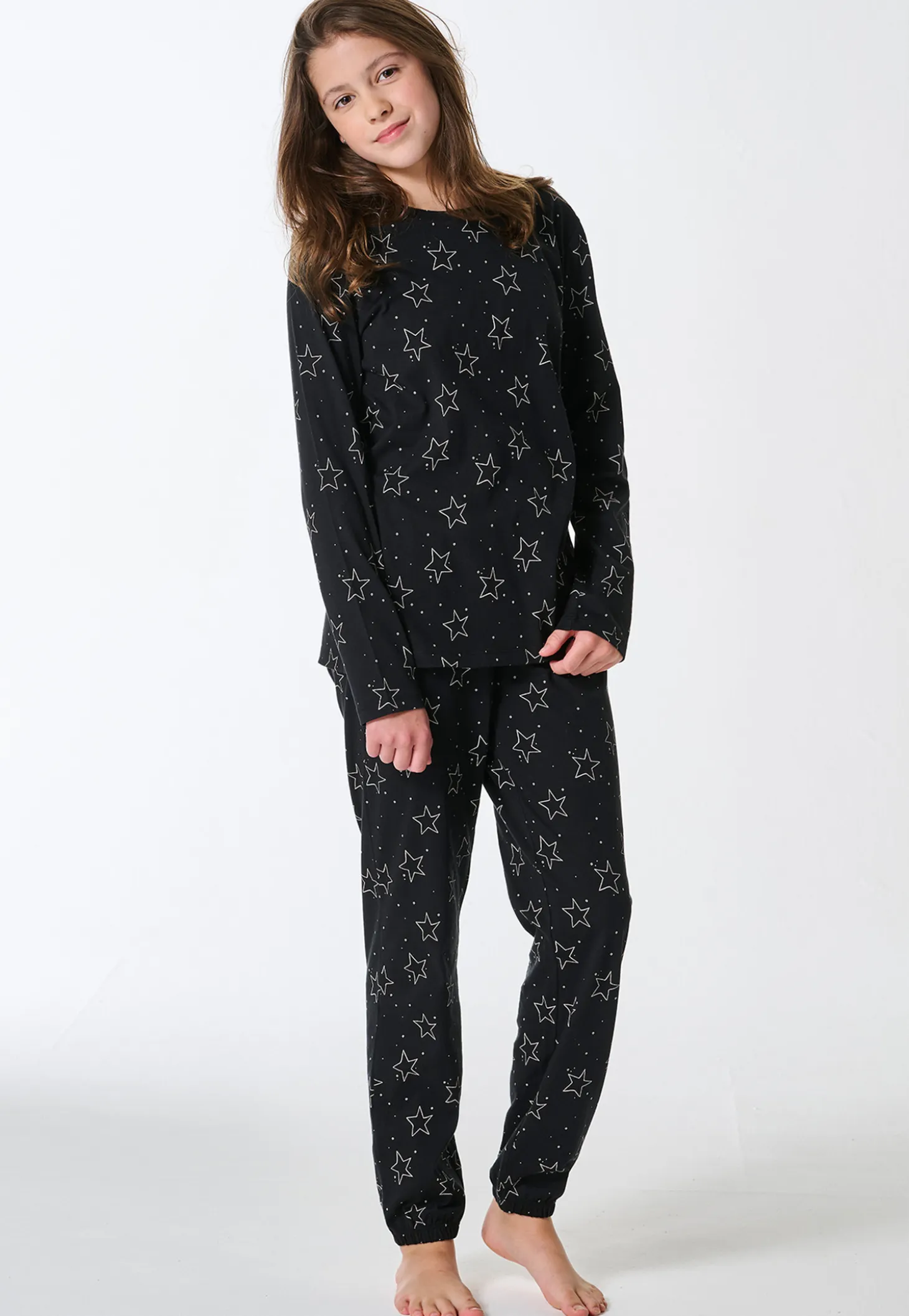 Schlafanzug lang Bündchen Sterne schwarz - Teens Nightwear
