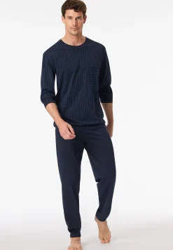 Schlafanzug lang Bündchen Streifen dunkelblau - Comfort Essentials