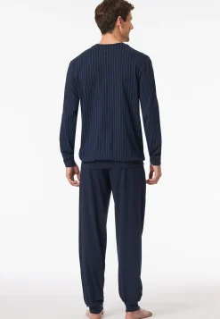Schlafanzug lang Bündchen Streifen dunkelblau - Comfort Essentials
