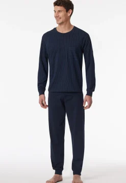 Schlafanzug lang Bündchen Streifen dunkelblau - Comfort Essentials