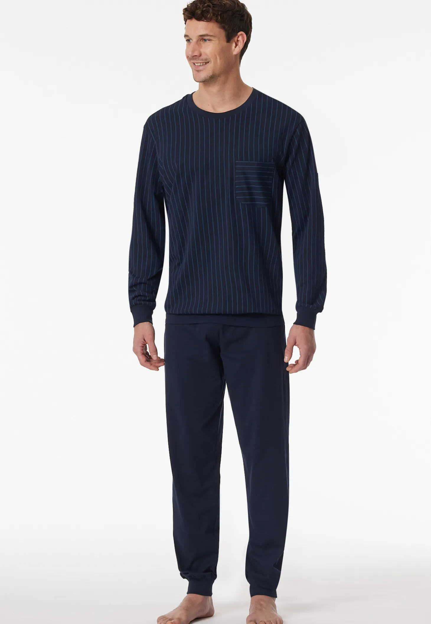 Schlafanzug lang Bündchen Streifen dunkelblau - Comfort Essentials