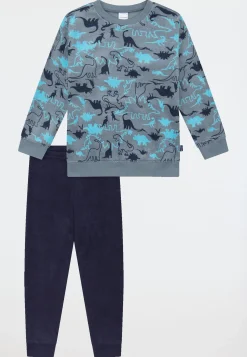 Schlafanzug lang Frottee Bündchen Dinos mineral - Kids Nightwear