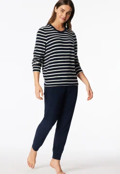 Schlafanzug lang Frottee Bündchen Ringel nachtblau - Casual Essentials