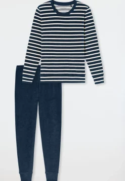 Schlafanzug lang Frottee Bündchen Ringel nachtblau - Casual Essentials