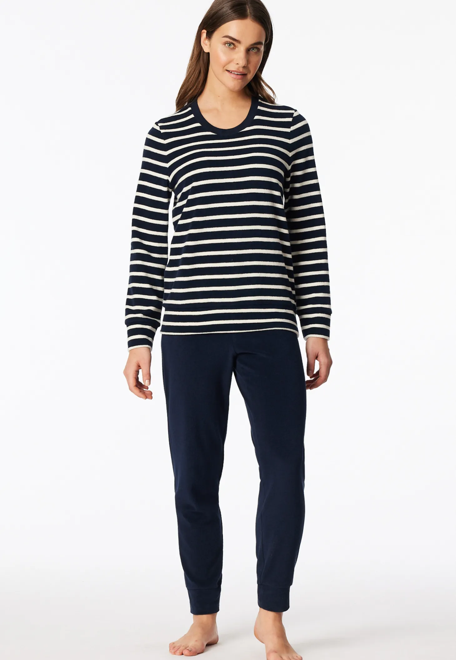 Schlafanzug lang Frottee Bündchen Ringel nachtblau - Casual Essentials