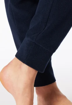 Schlafanzug lang Frottee Bündchen Ringel nachtblau - Casual Essentials