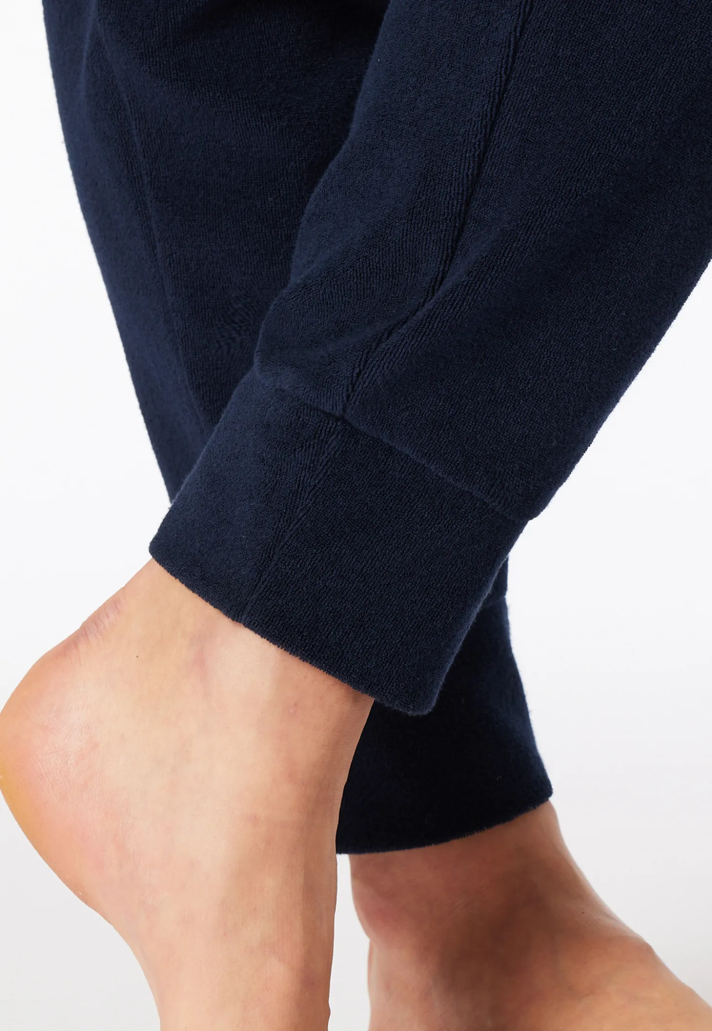 Schlafanzug lang Frottee Bündchen Ringel nachtblau - Casual Essentials