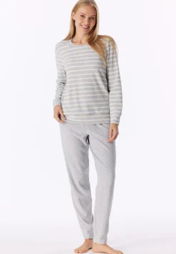 Schlafanzug lang Frottee Bündchen Ringel silbergrau-meliert - Casual Essentials