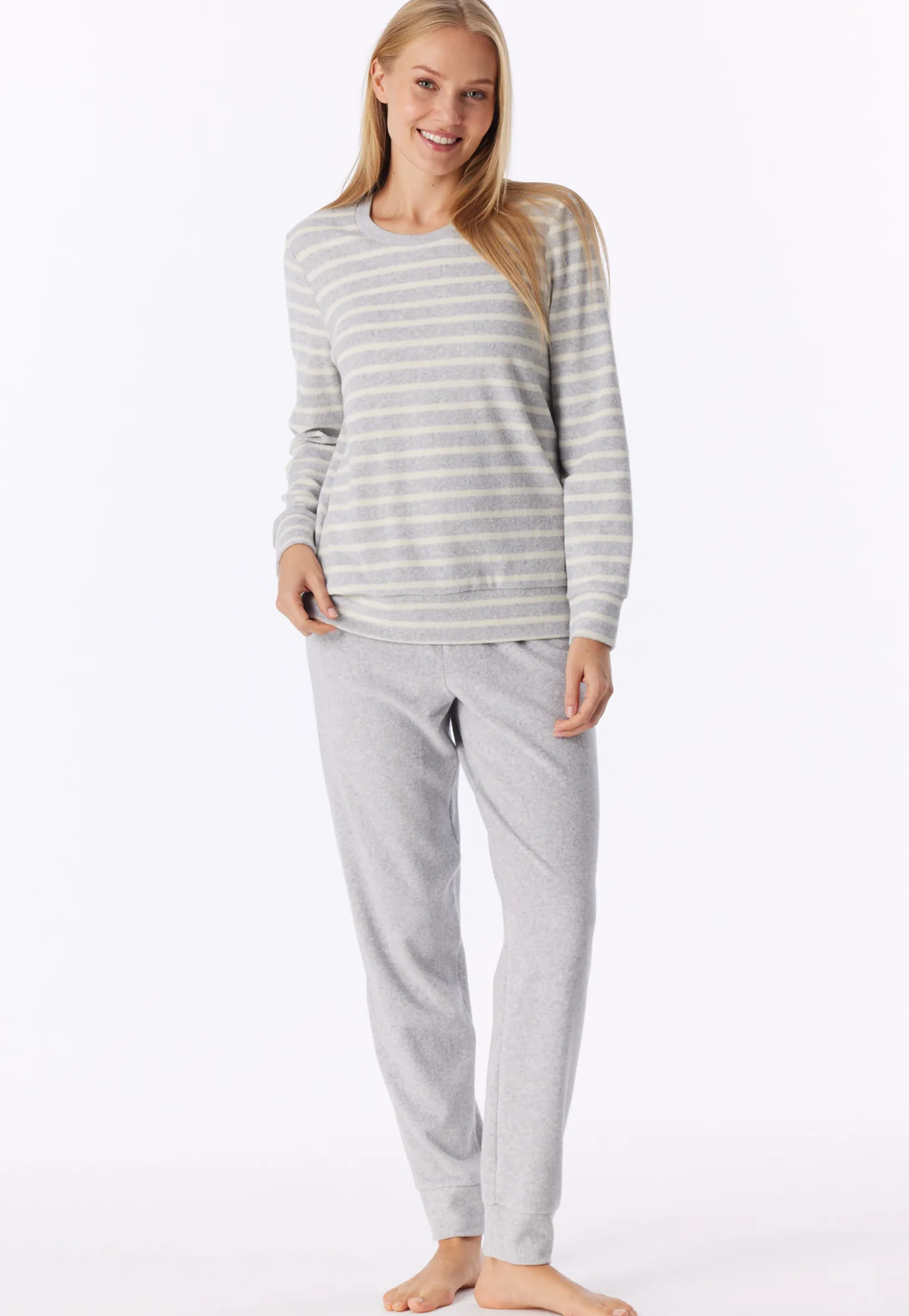 Schlafanzug lang Frottee Bündchen Ringel silbergrau-meliert - Casual Essentials