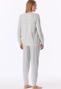 Schlafanzug lang Frottee Bündchen Ringel silbergrau-meliert - Casual Essentials