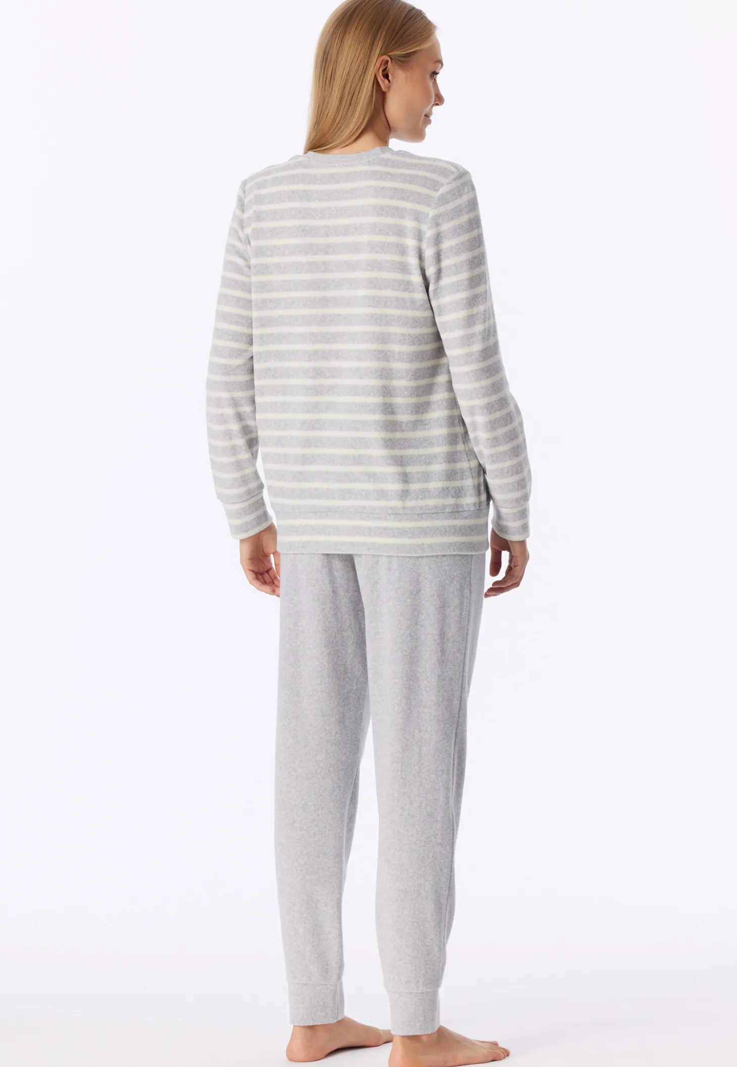 Schlafanzug lang Frottee Bündchen Ringel silbergrau-meliert - Casual Essentials