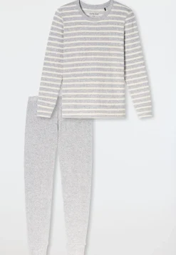Schlafanzug lang Frottee Bündchen Ringel silbergrau-meliert - Casual Essentials