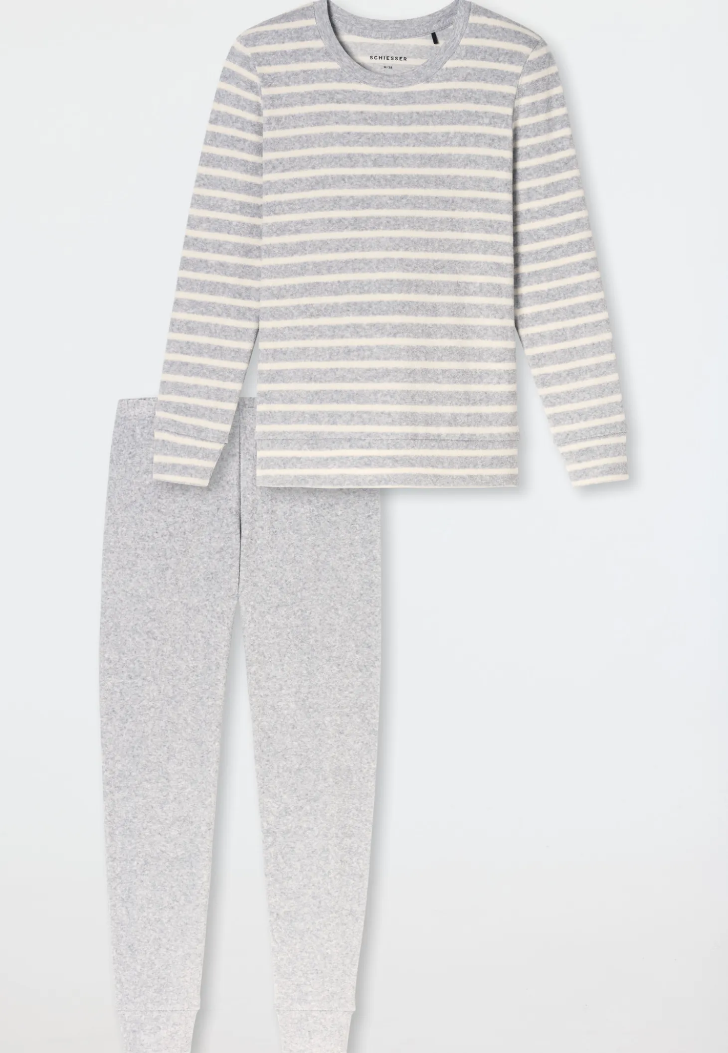 Schlafanzug lang Frottee Bündchen Ringel silbergrau-meliert - Casual Essentials