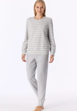 Schlafanzug lang Frottee Bündchen Ringel silbergrau-meliert - Casual Essentials
