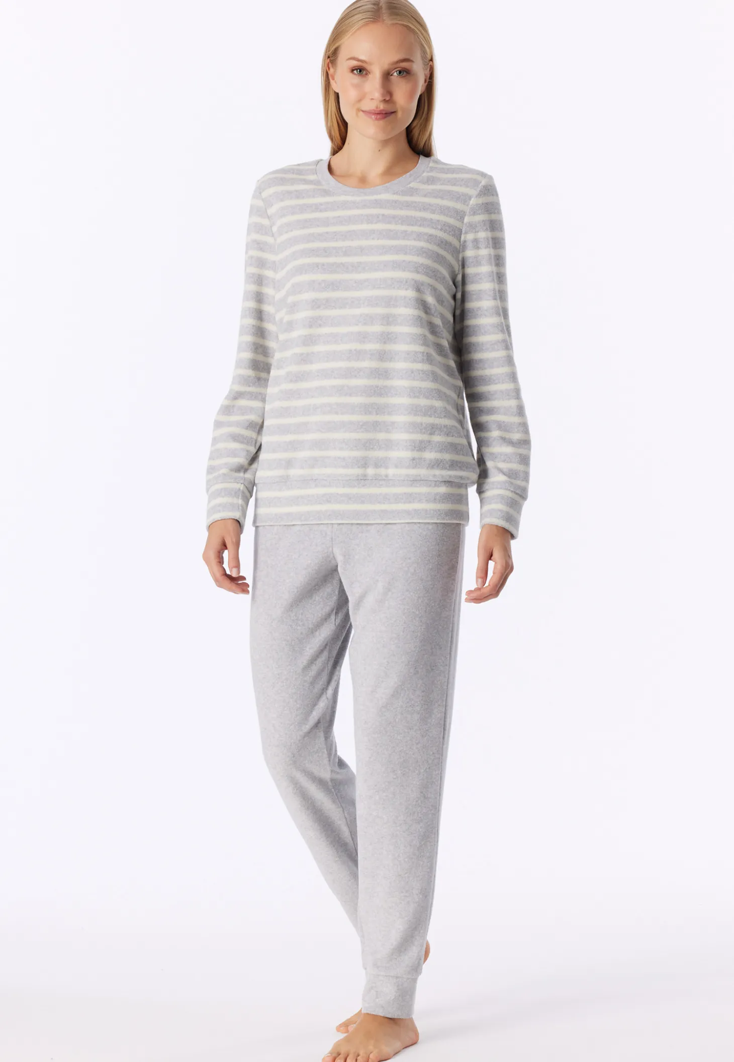 Schlafanzug lang Frottee Bündchen Ringel silbergrau-meliert - Casual Essentials