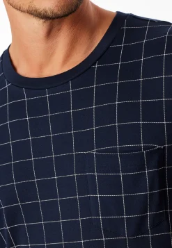 Schlafanzug lang Interlock Bündchen nachtblau kariert - Fine Interlock