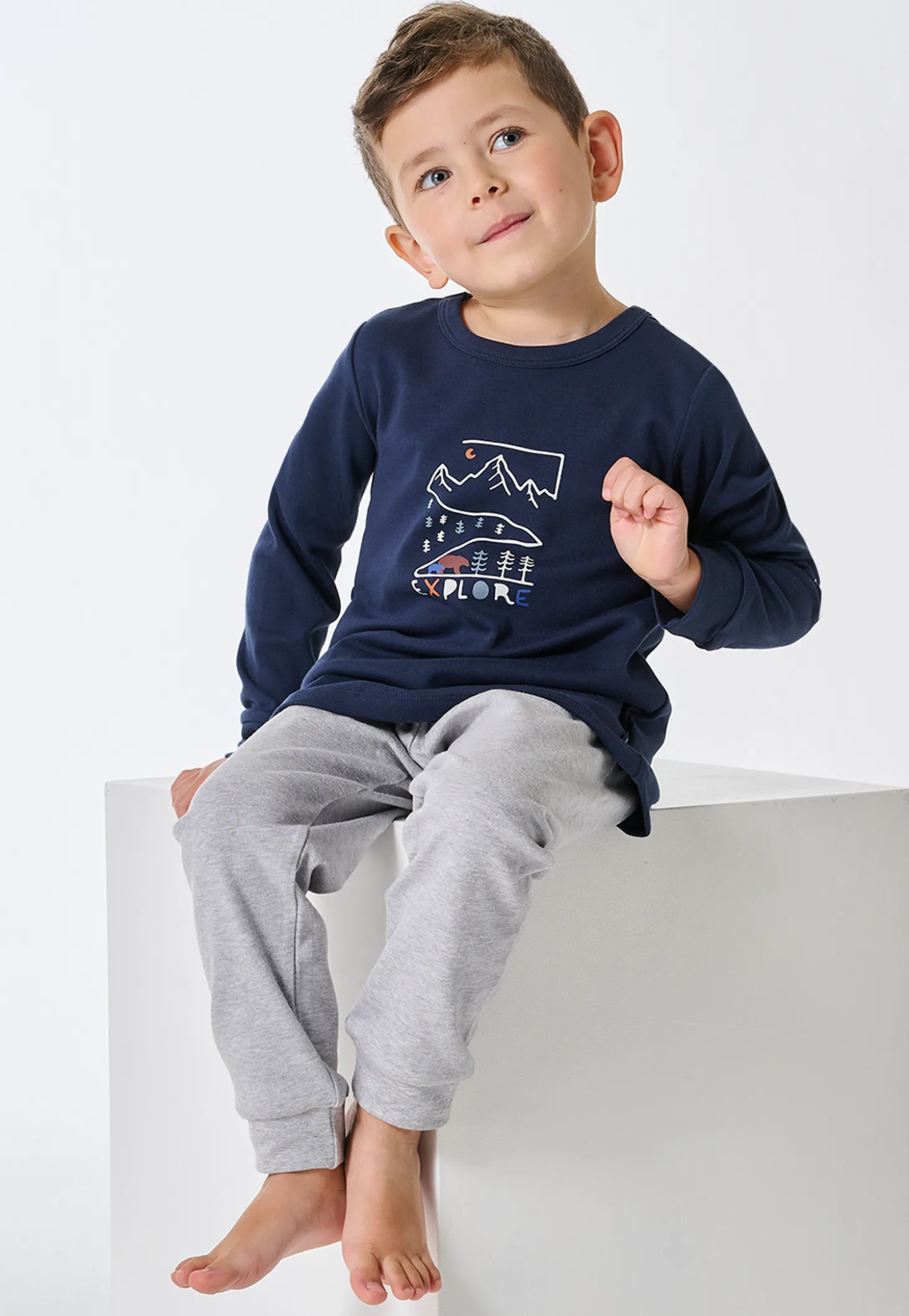 Schlafanzug lang Interlock Bündchen grau-meliert - Kids Nightwear