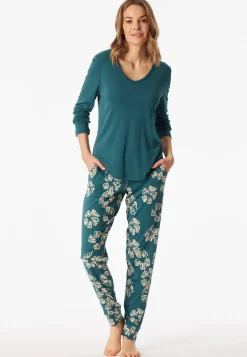 Schlafanzug lang Interlock Bündchen Blumen grün - Modern Nightwear