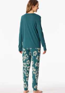 Schlafanzug lang Interlock Bündchen Blumen grün - Modern Nightwear