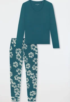Schlafanzug lang Interlock Bündchen Blumen grün - Modern Nightwear