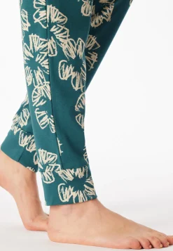 Schlafanzug lang Interlock Bündchen Blumen grün - Modern Nightwear