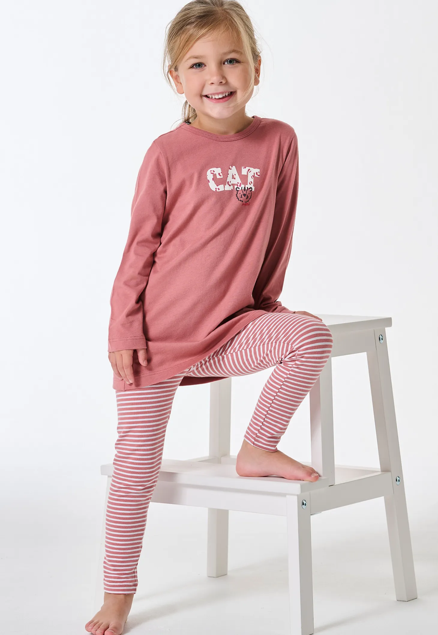 Schlafanzug lang Interlock Leggings Katze Ringel altrosa - Kids Nightwear