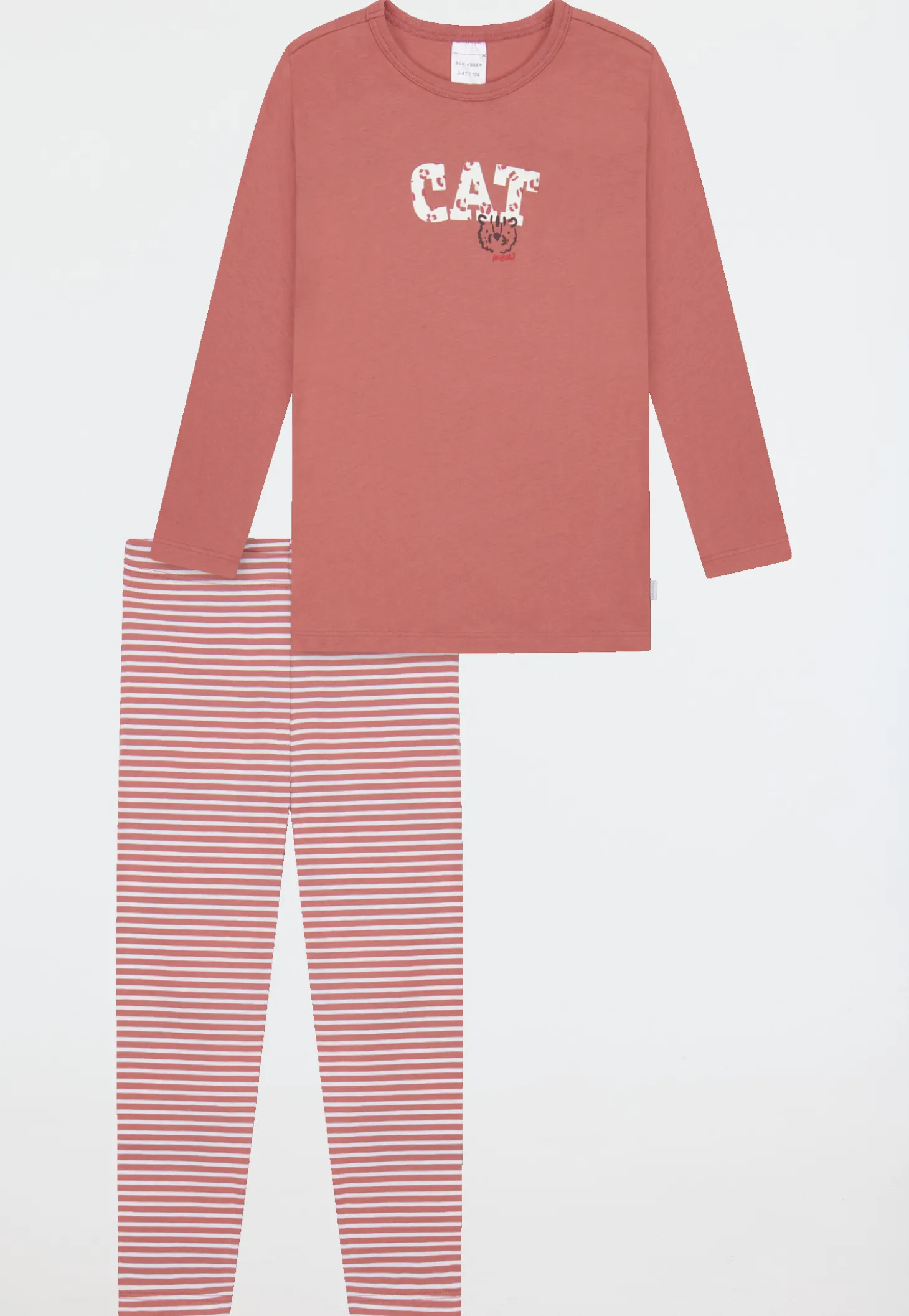 Schlafanzug lang Interlock Leggings Katze Ringel altrosa - Kids Nightwear