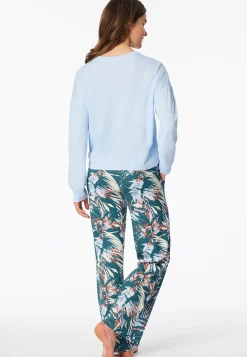 Schlafanzug lang Interlock Palmen hellblau - Modern Nightwear