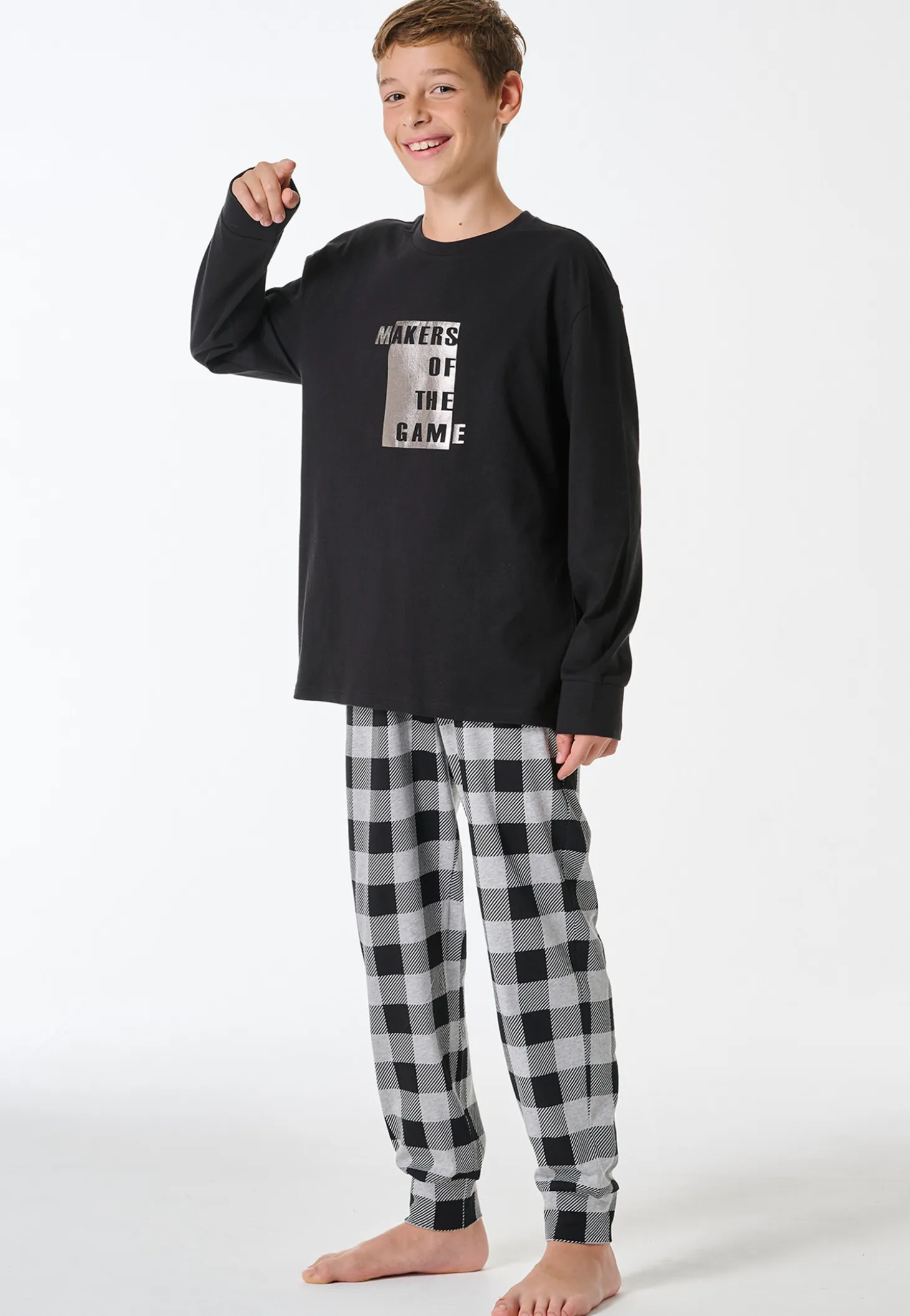 Schlafanzug lang Karo schwarz - Teens Nightwear