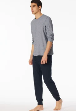 Schlafanzug lang Ringel Bündchen nachtblau - Casual Essentials
