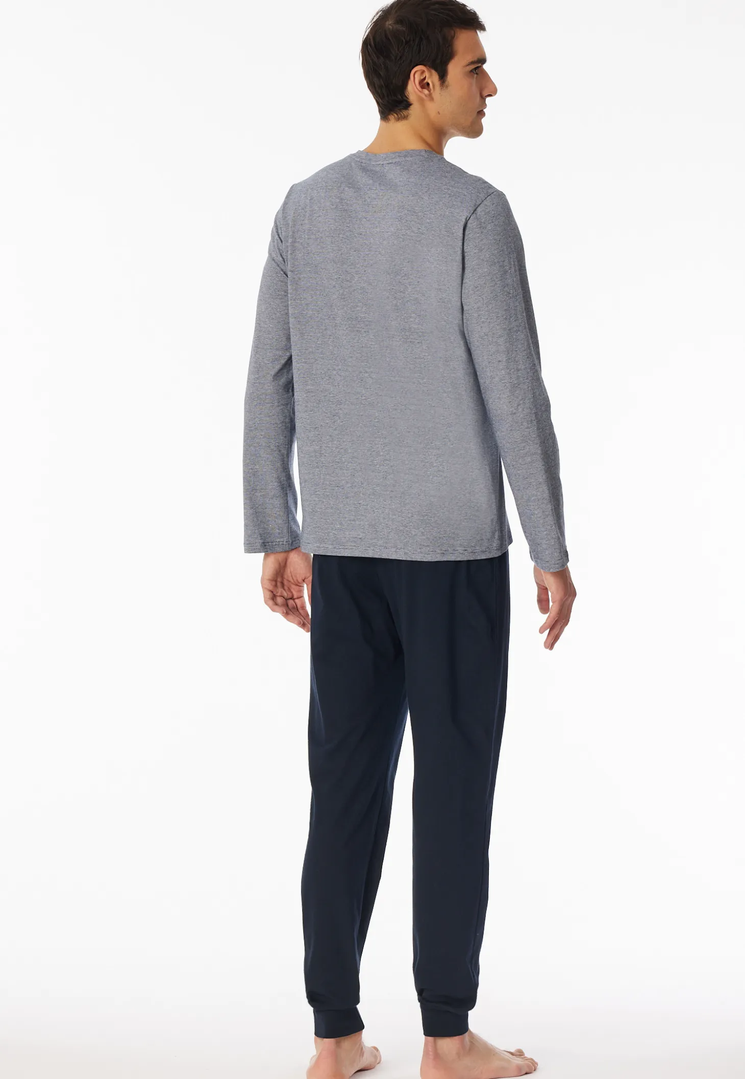 Schlafanzug lang Ringel Bündchen nachtblau - Casual Essentials