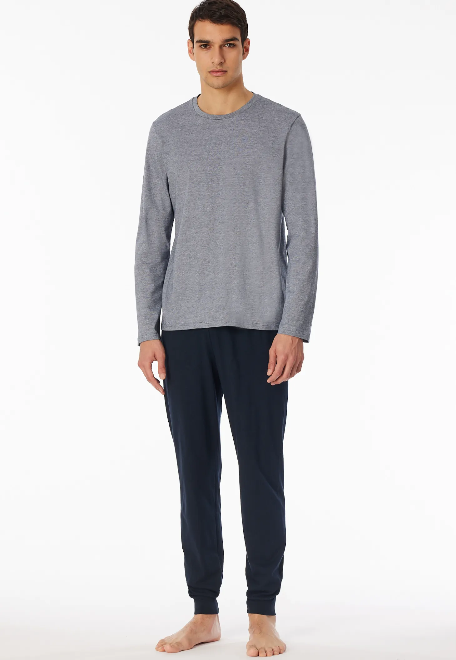 Schlafanzug lang Ringel Bündchen nachtblau - Casual Essentials