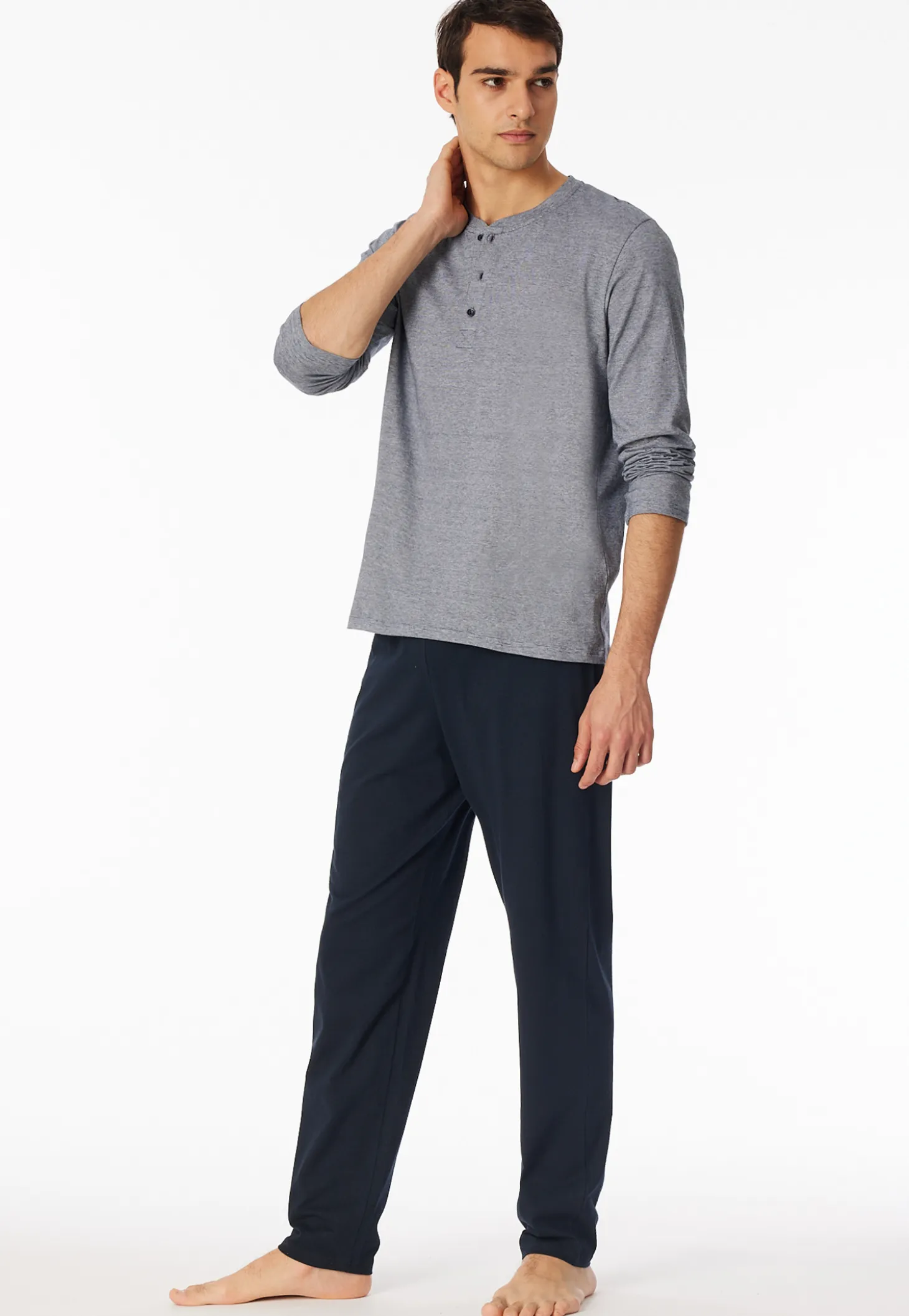 Schlafanzug lang Ringel Knopfleiste nachtblau - Casual Essentials