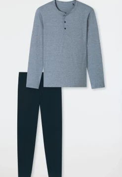 Schlafanzug lang Ringel Knopfleiste nachtblau - Casual Essentials