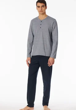 Schlafanzug lang Ringel Knopfleiste nachtblau - Casual Essentials