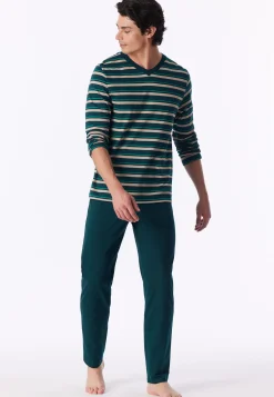Schlafanzug lang Ringel tiefseegrün - Casual Nightwear