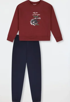 Schlafanzug lang Sweatware Bündchen burgund - Teens Nightwear