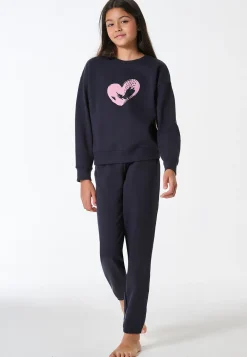 Schlafanzug lang Sweatware Bündchen navy - Nightwear
