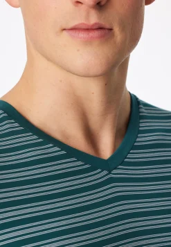 Schlafanzug lang V-Ausschnitt Ringel grün - Long Life Soft