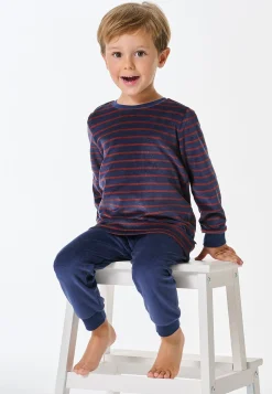 Schlafanzug lang Velour Bündchen Streifen dunkelblau - Boys World