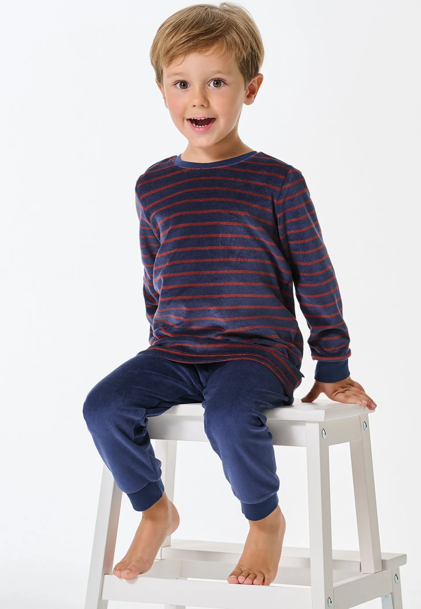 Schlafanzug lang Velour Bündchen Streifen dunkelblau - Boys World