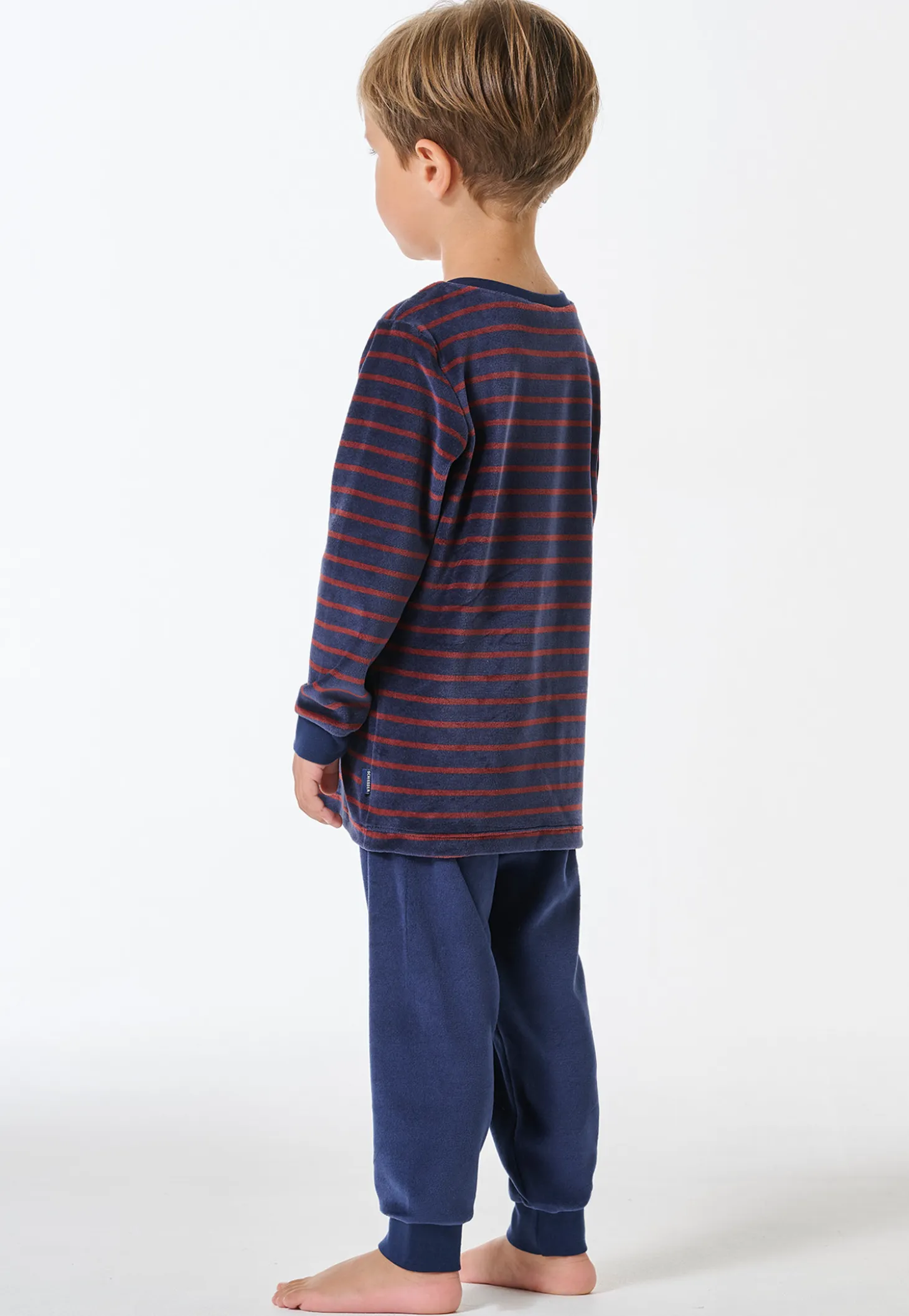 Schlafanzug lang Velour Bündchen Streifen dunkelblau - Boys World