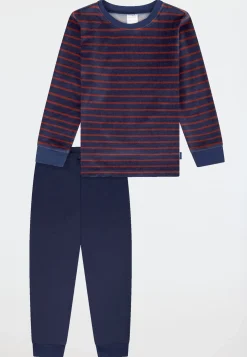 Schlafanzug lang Velour Bündchen Streifen dunkelblau - Boys World