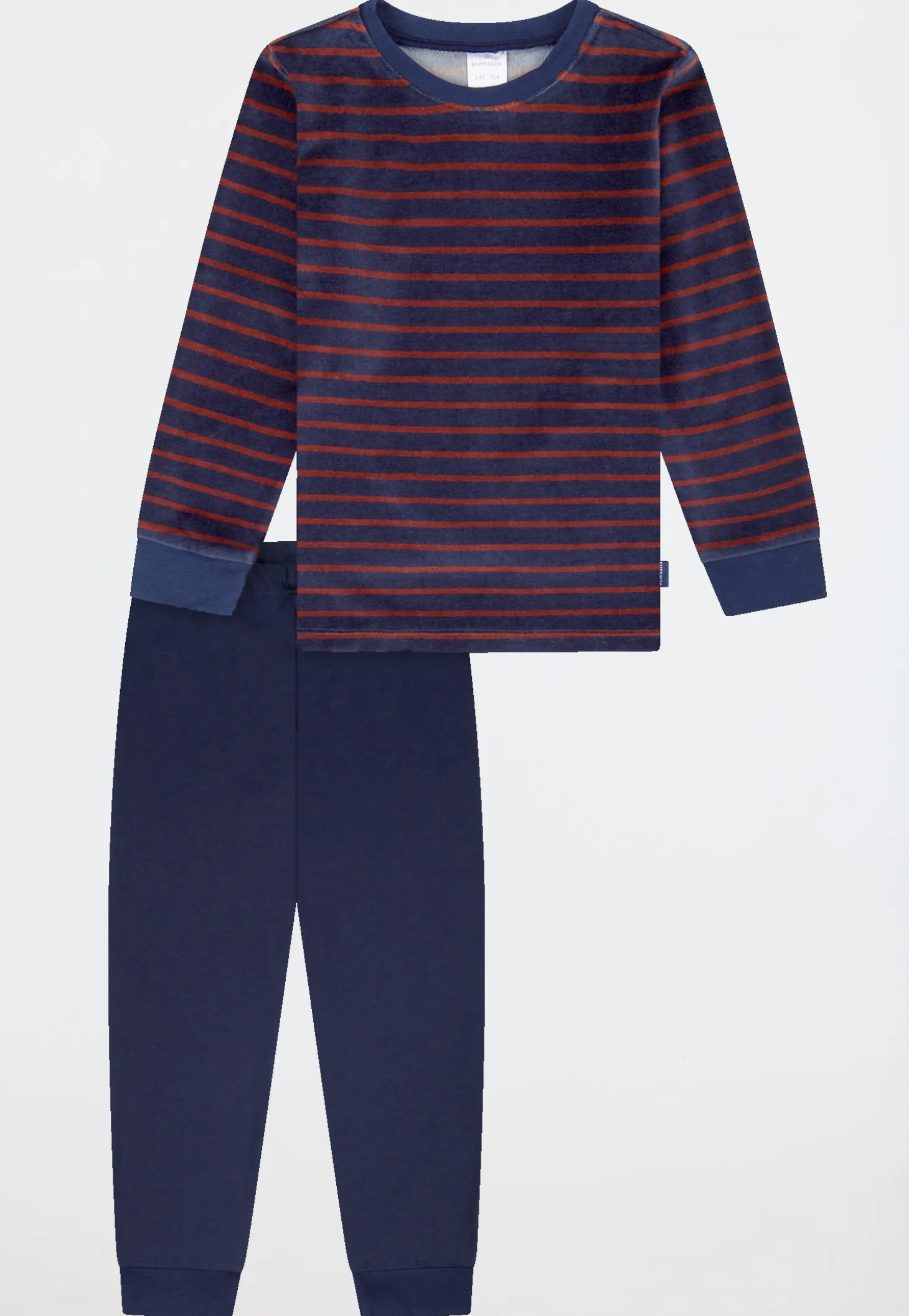 Schlafanzug lang Velour Bündchen Streifen dunkelblau - Boys World