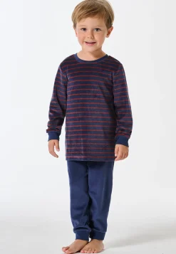 Schlafanzug lang Velour Bündchen Streifen dunkelblau - Boys World