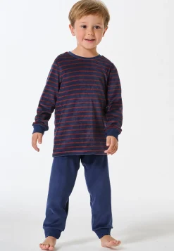 Schlafanzug lang Velour Bündchen Streifen dunkelblau - Boys World